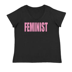Feminist (Pink Print) Ladies V-Neck T-shirt Black
