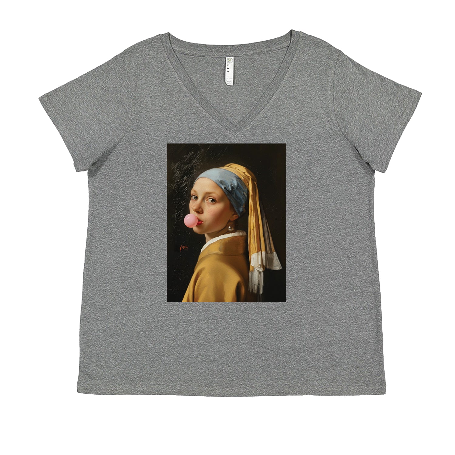 Girl with a Pearl Earring Bubble Gum Contemporary Art Ladies V-Neck T-shirt Heather Grey