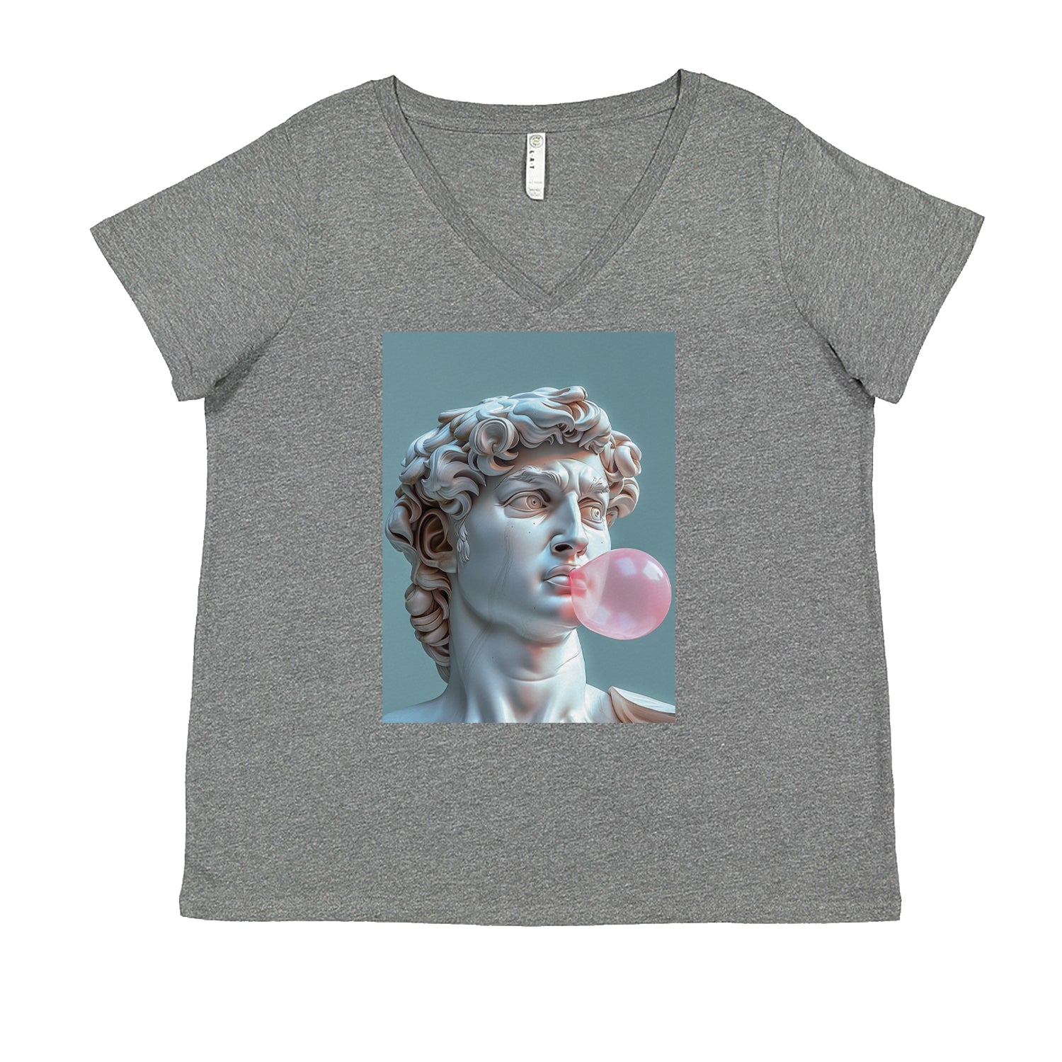 Michelangelo's David with Bubble Gum Contemporary Statue Art Ladies V-Neck T-shirt Heather Grey