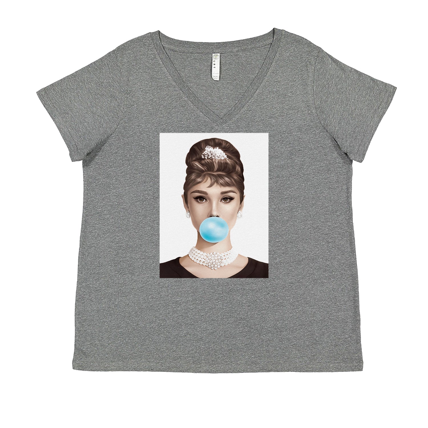 Audrey Hepburn Chewing Bubble Gum American Icon Ladies V-Neck T-shirt Heather Grey