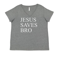 Jesus Saves Bro  Ladies V-Neck T-shirt Heather Grey