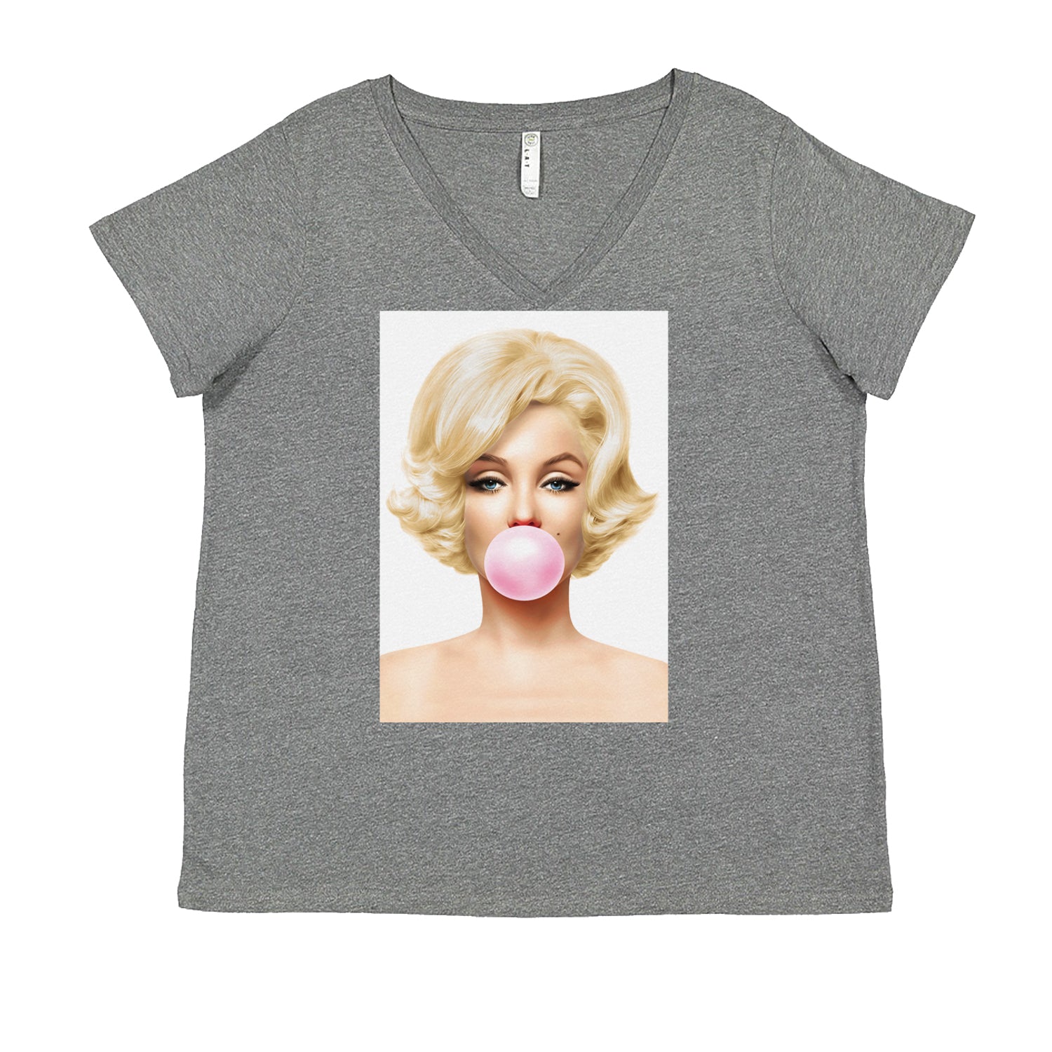 Ms. Monroe Pink Bubble Gum American Icon Ladies V-Neck T-shirt Heather Grey