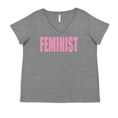 Feminist (Pink Print) Ladies V-Neck T-shirt Heather Grey