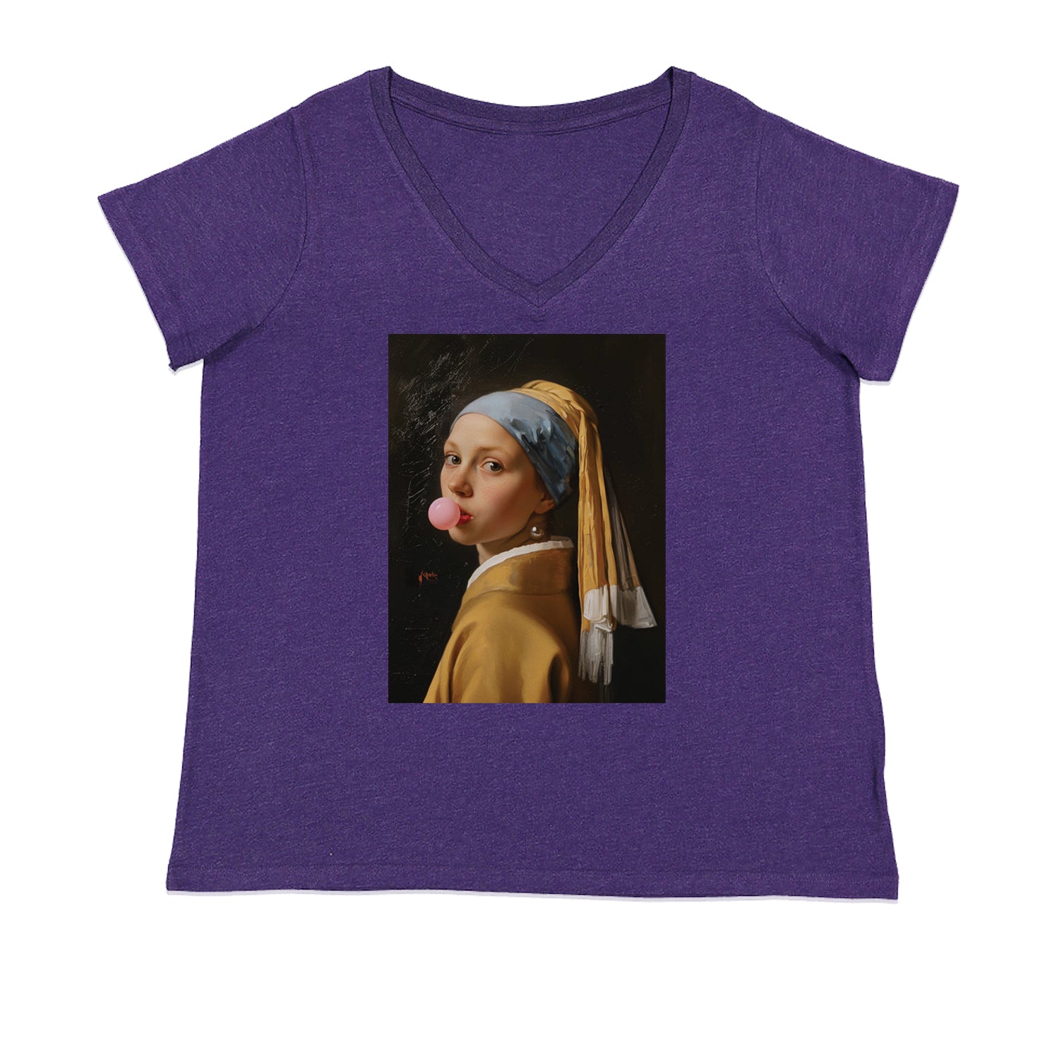 Girl with a Pearl Earring Bubble Gum Contemporary Art Ladies V-Neck T-shirt Purple