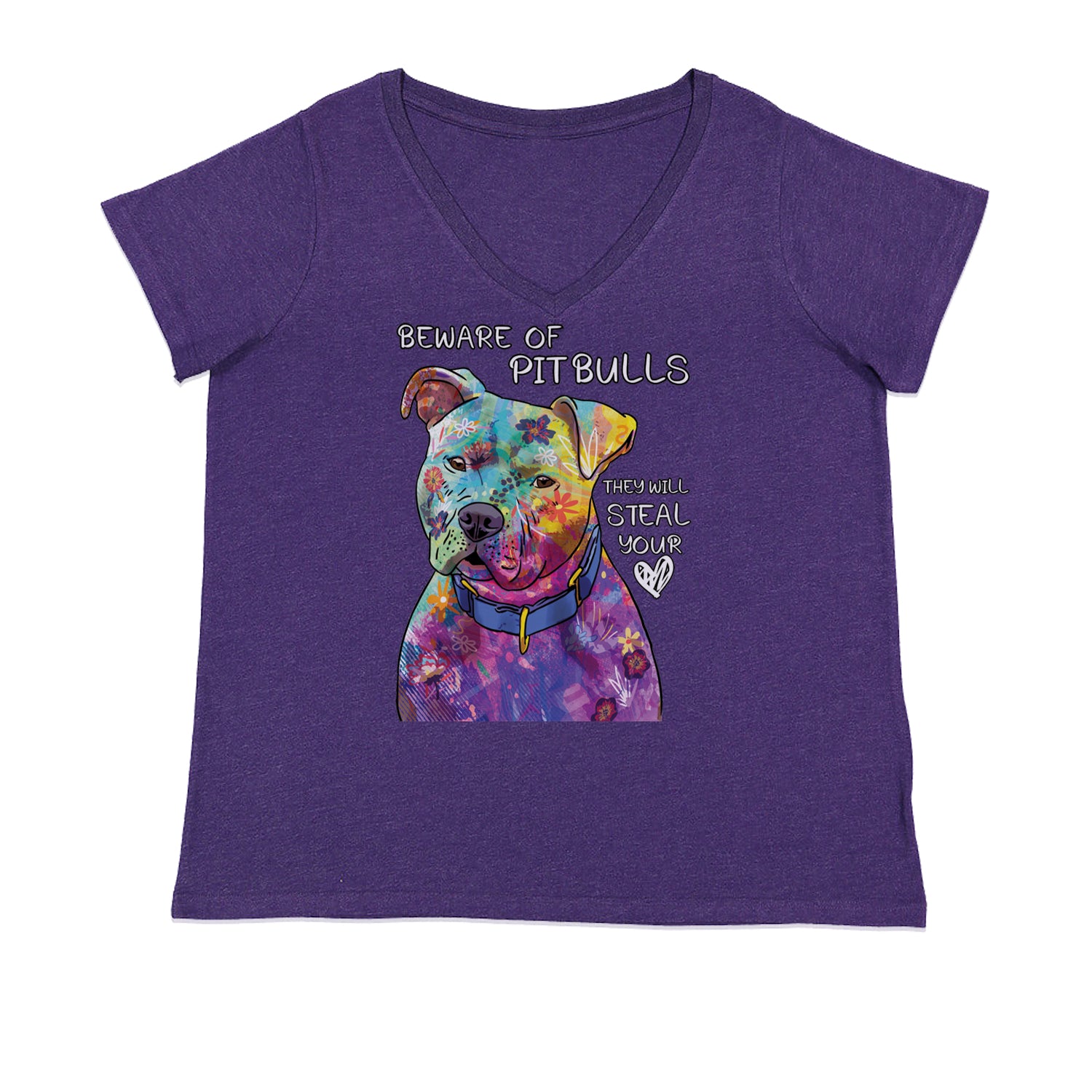 Beware Of Pit Bulls, They Will Steal Your Heart  Ladies V-Neck T-shirt Purple