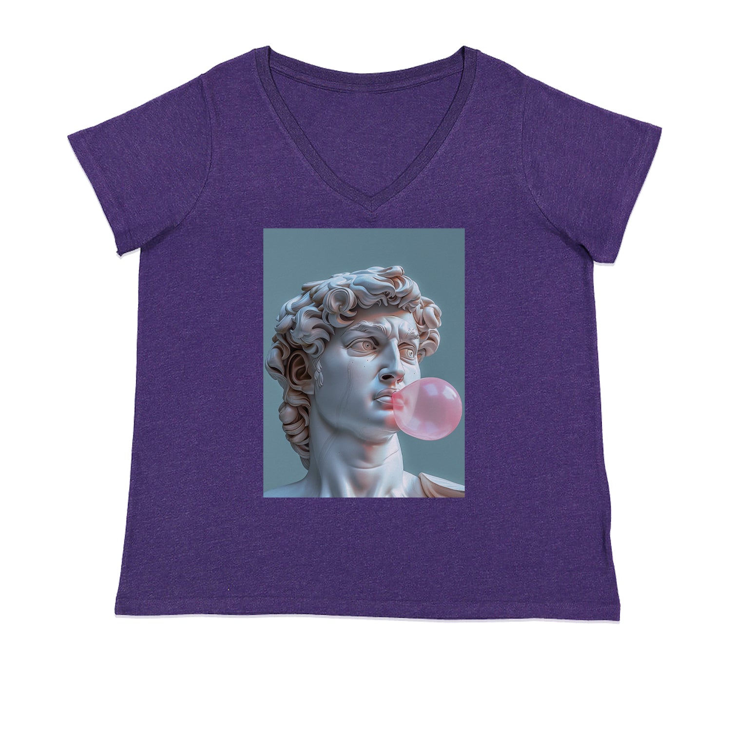 Michelangelo's David with Bubble Gum Contemporary Statue Art Ladies V-Neck T-shirt Purple