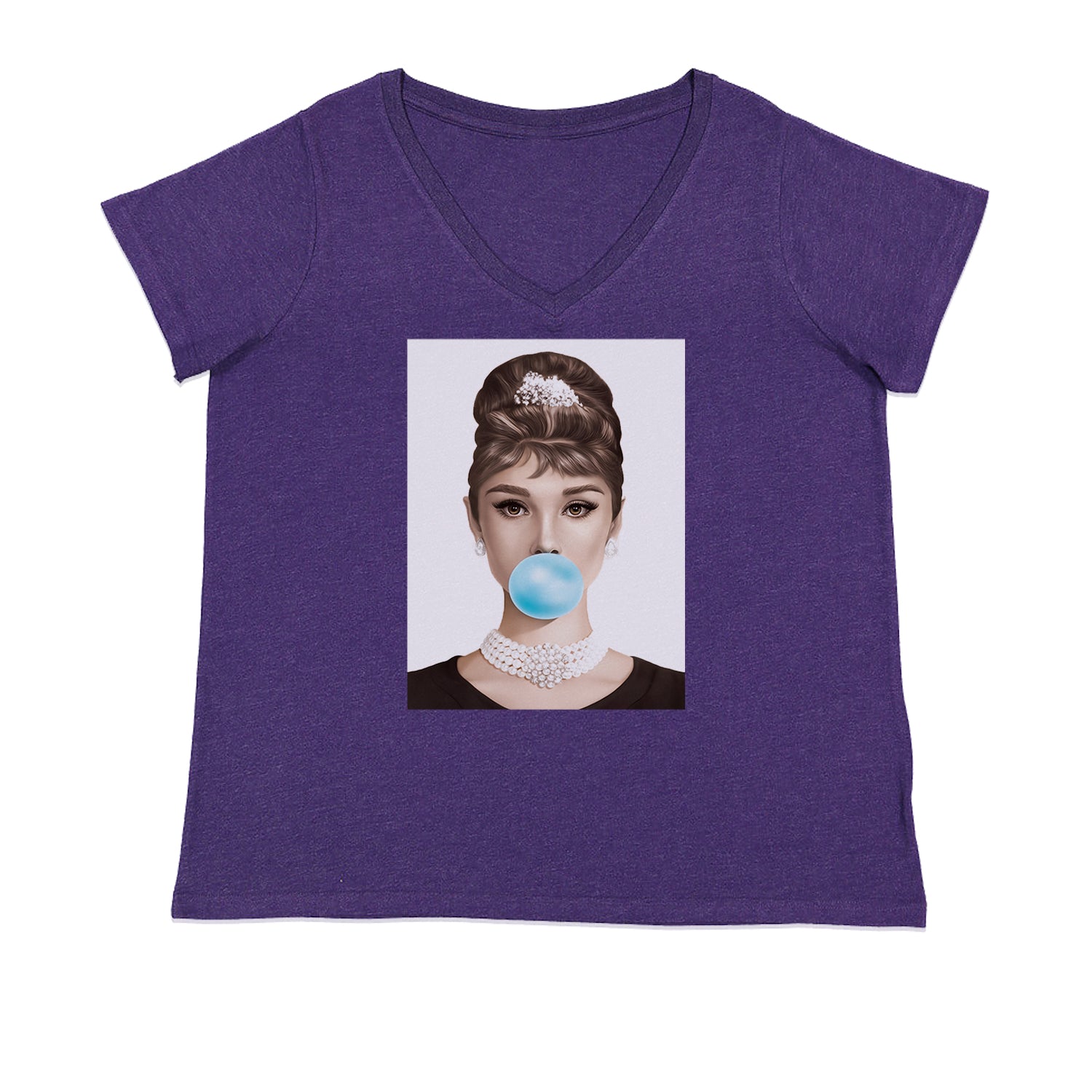 Audrey Hepburn Chewing Bubble Gum American Icon Ladies V-Neck T-shirt Purple