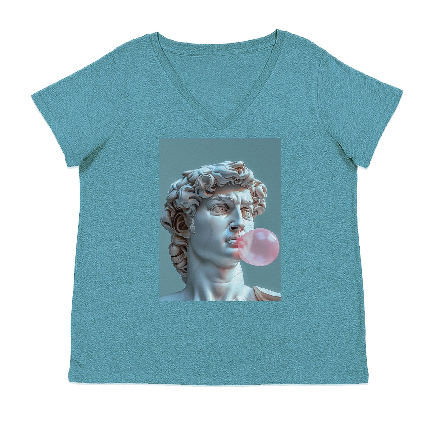 Michelangelo's David with Bubble Gum Contemporary Statue Art Ladies V-Neck T-shirt Surf