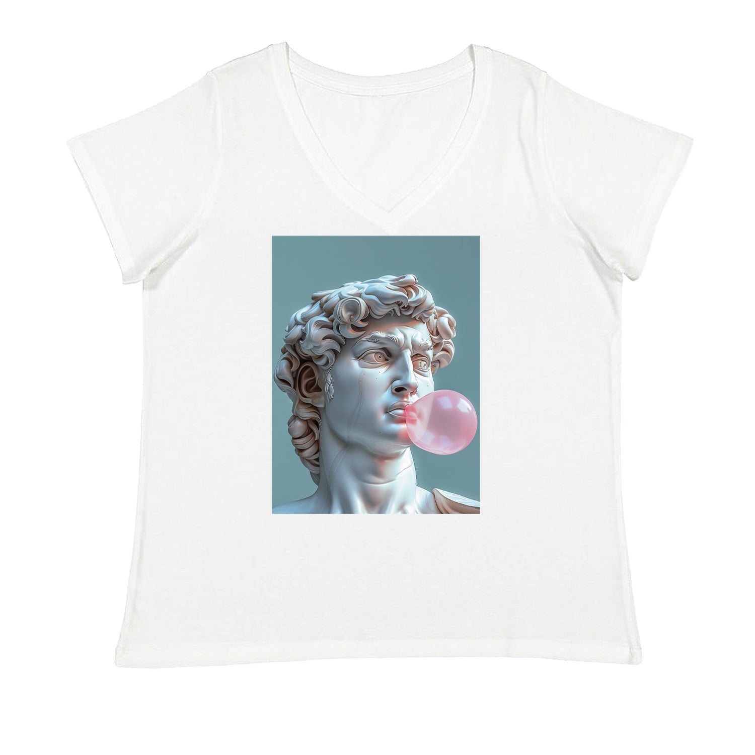 Michelangelo's David with Bubble Gum Contemporary Statue Art Ladies V-Neck T-shirt White