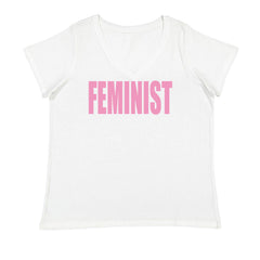 Feminist (Pink Print) Ladies V-Neck T-shirt White