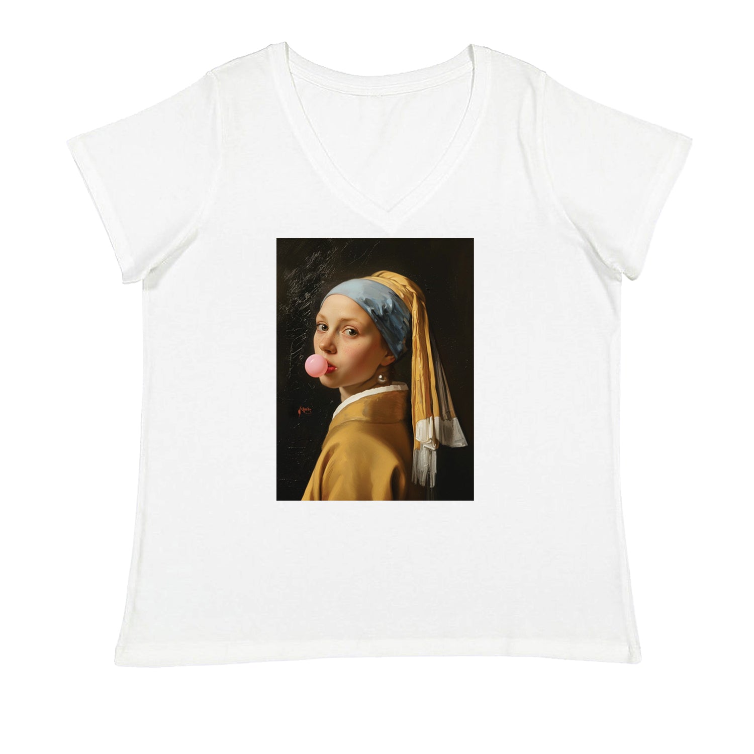 Girl with a Pearl Earring Bubble Gum Contemporary Art Ladies V-Neck T-shirt White