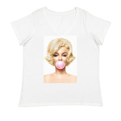 Ms. Monroe Pink Bubble Gum American Icon Ladies V-Neck T-shirt White