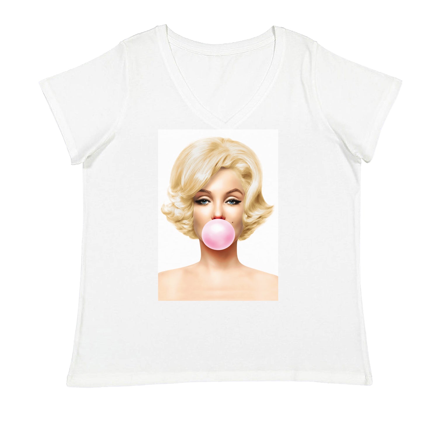 Ms. Monroe Pink Bubble Gum American Icon Ladies V-Neck T-shirt White