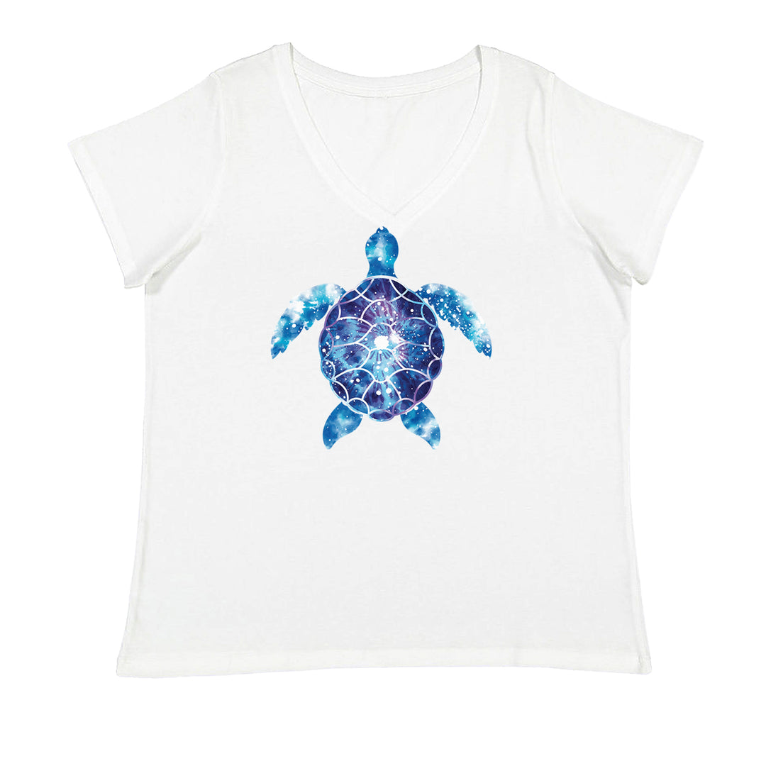 Ocean Aura Tie-Dye Sea Turtle Ladies V-Neck T-shirt White