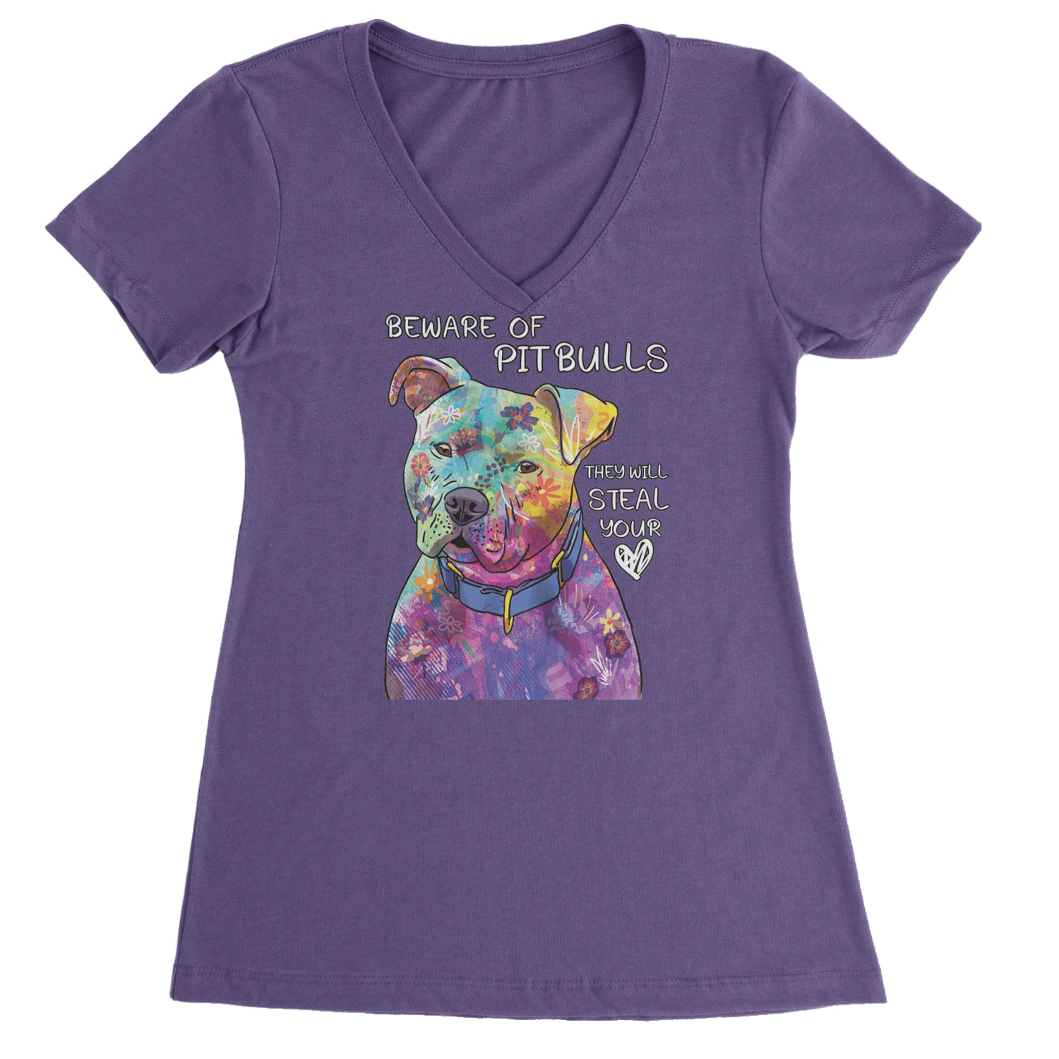 Beware Of Pit Bulls, They Will Steal Your Heart  Ladies V-Neck T-shirt Purple