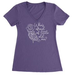 Who's Afraid Of Little Old Me Rose Skeleton Hand Ladies V-Neck T-shirt Purple
