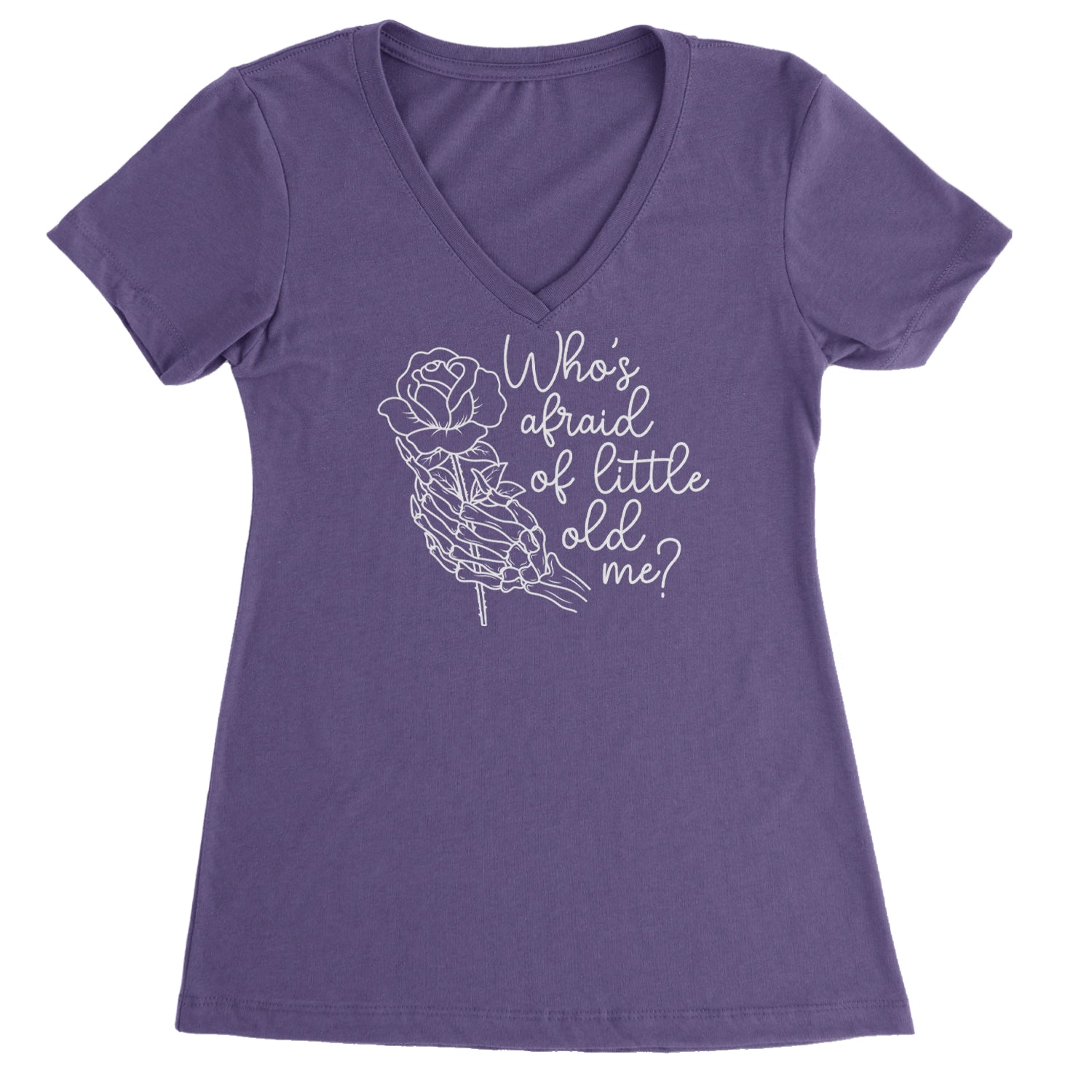 Who's Afraid Of Little Old Me Rose Skeleton Hand Ladies V-Neck T-shirt Purple