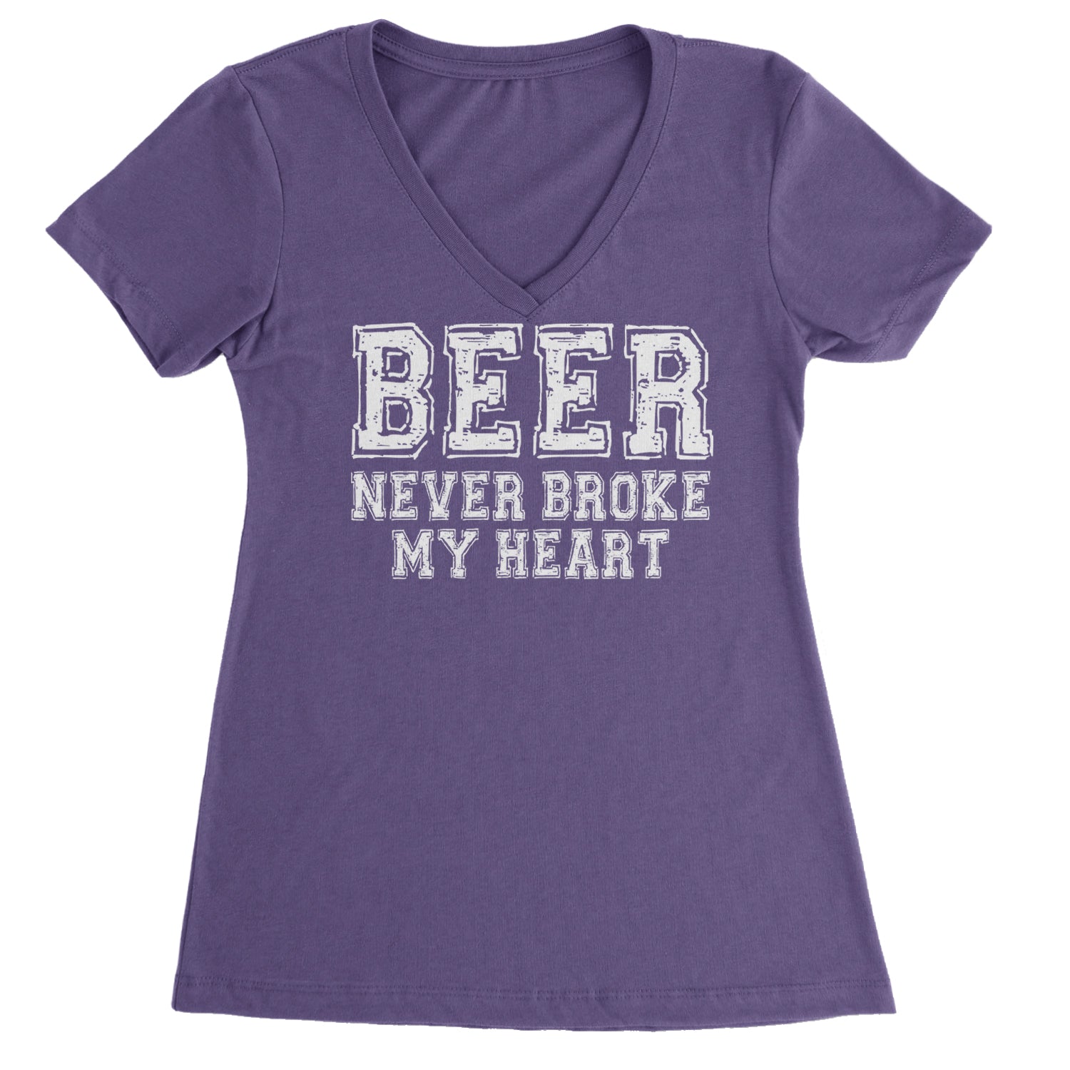 Beer Never Broke My Heart Funny Drinking Ladies V-Neck T-shirt Purple