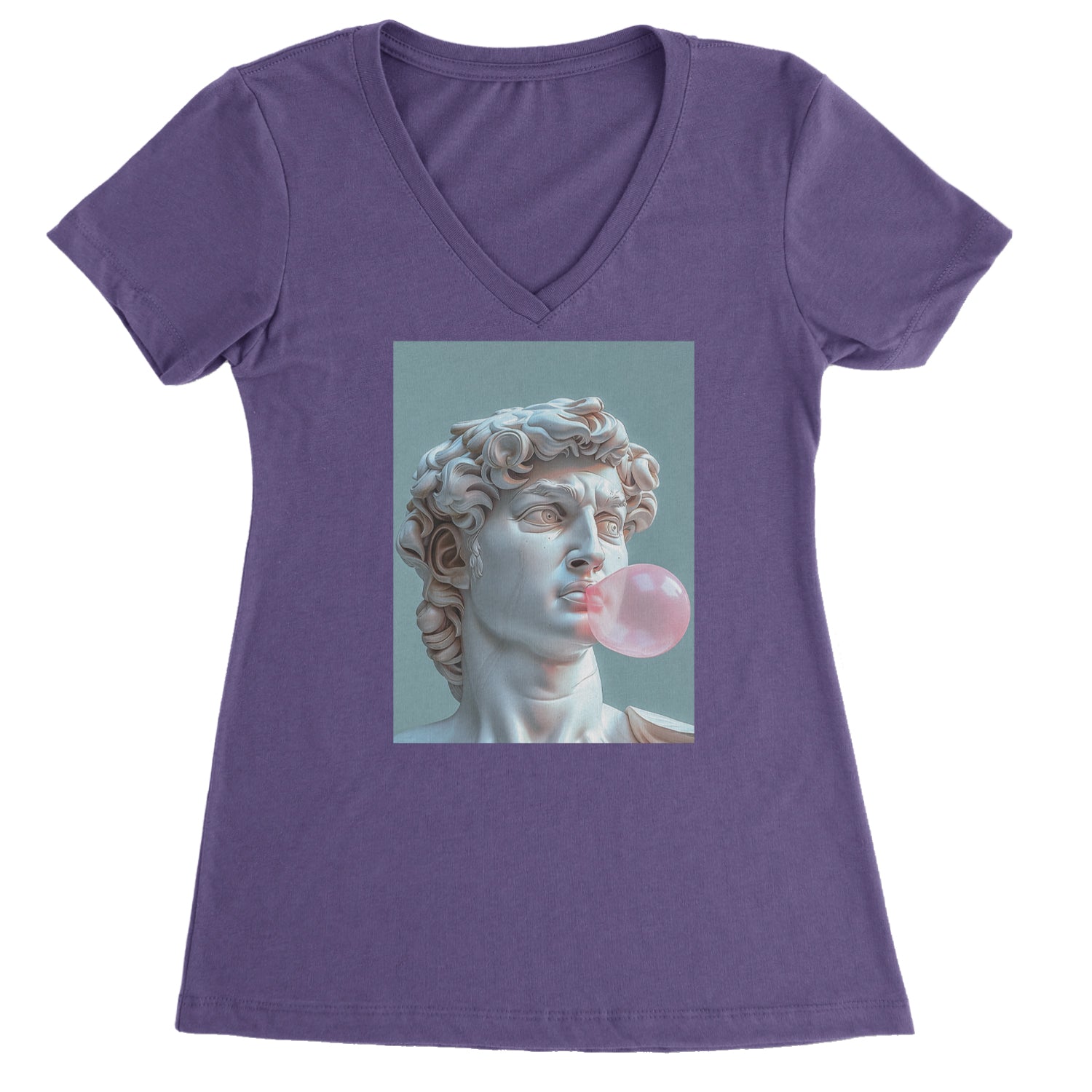 Michelangelo's David with Bubble Gum Contemporary Statue Art Ladies V-Neck T-shirt Purple