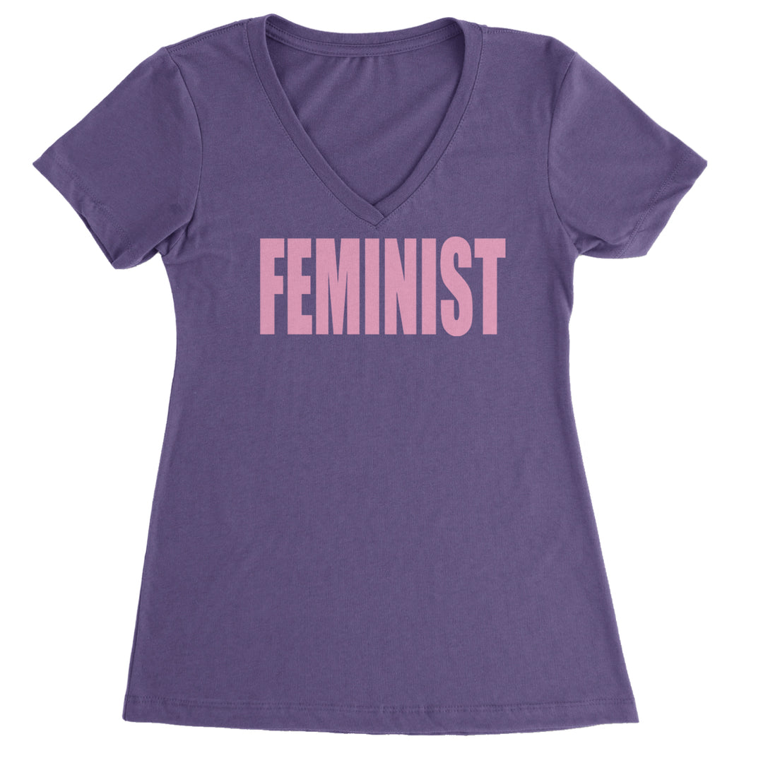 Feminist (Pink Print) Ladies V-Neck T-shirt Purple