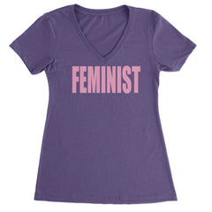 Feminist (Pink Print) Ladies V-Neck T-shirt Purple