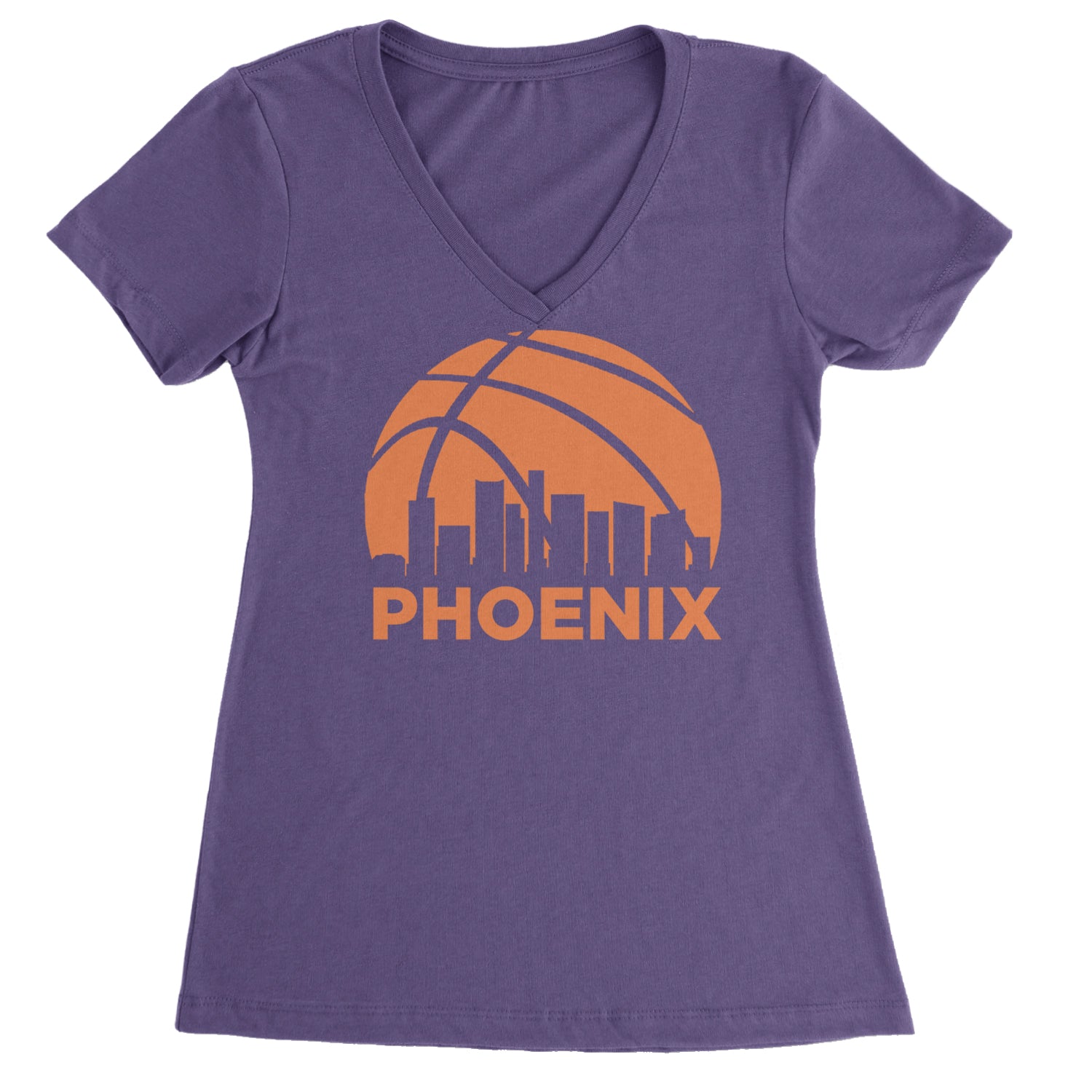 Phoenix Basketball Sunset City Skyline Ladies V-Neck T-shirt Purple