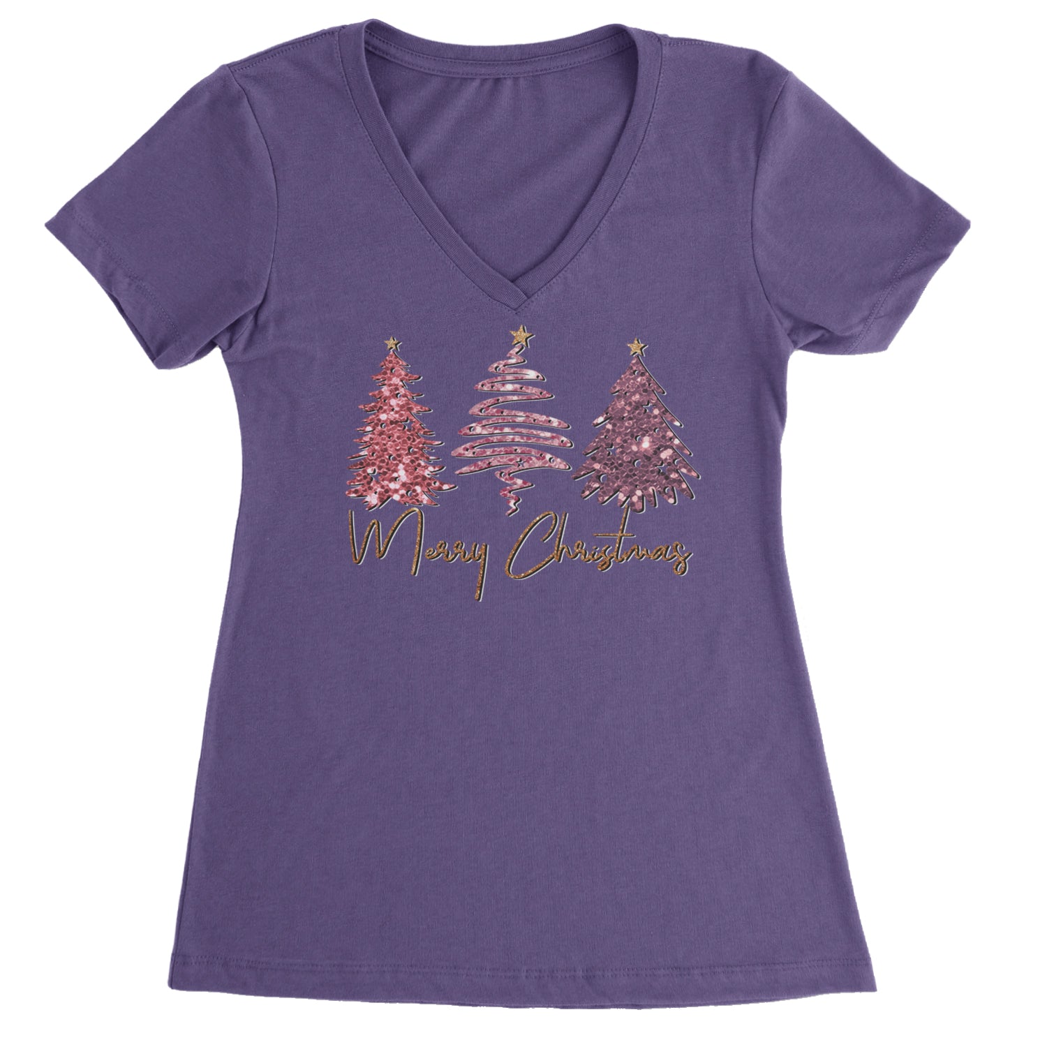 Merry Christmas Faux Glitter Trees Ladies V-Neck T-shirt Purple