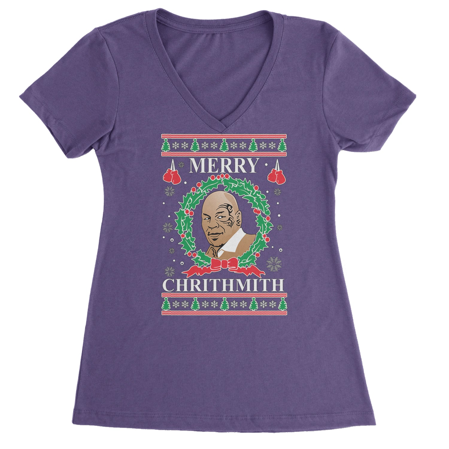 Merry Chrithmith Ugly Christmas Ladies V-Neck T-shirt Purple