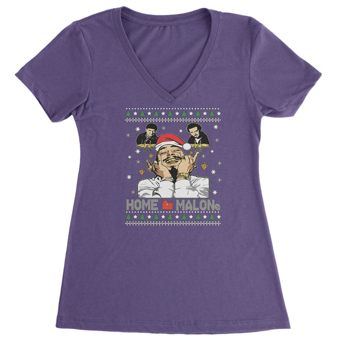 Home Malone Ugly Christmas Ladies V-Neck T-shirt