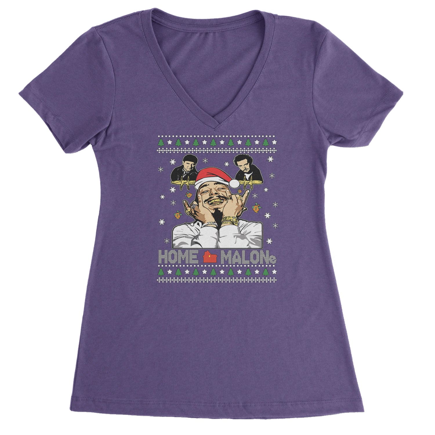 Home Malone Ugly Christmas Ladies V-Neck T-shirt Purple