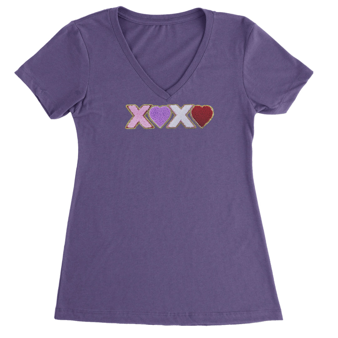 XOXO Chenille Patch Valentines Days Ladies V-Neck T-shirt Purple