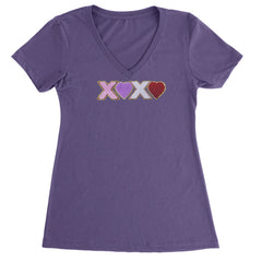 XOXO Chenille Patch Valentines Days Ladies V-Neck T-shirt Purple