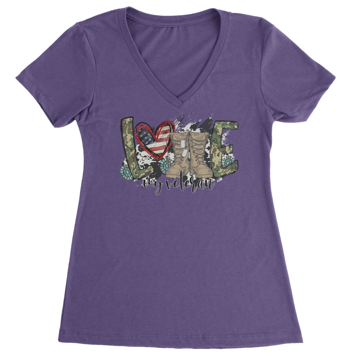 Love My Veteran Honor Veterans Day Ladies V-Neck T-shirt Purple