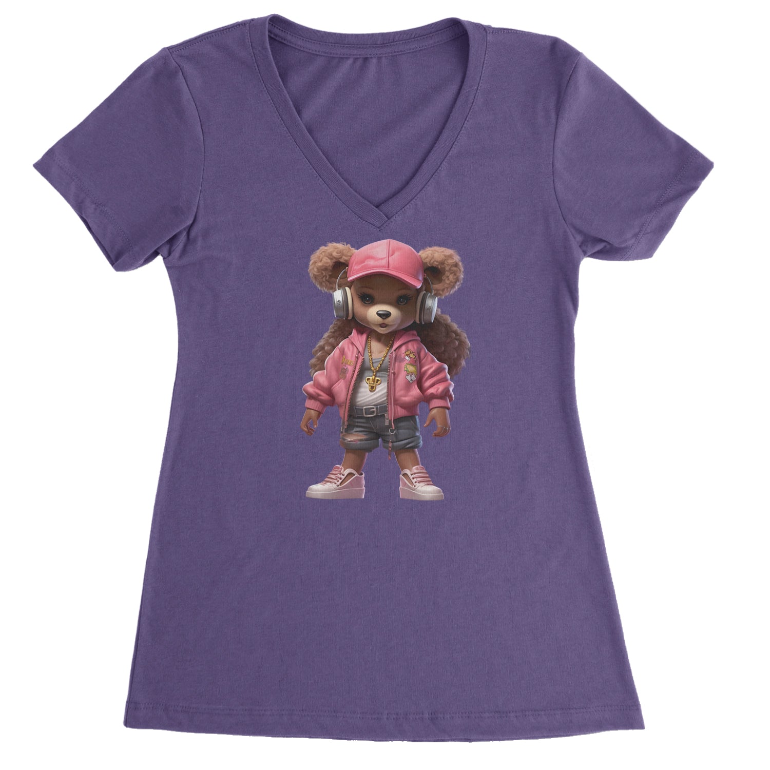 Pink Female Urban Graffiti Bear Ladies V-Neck T-shirt Purple