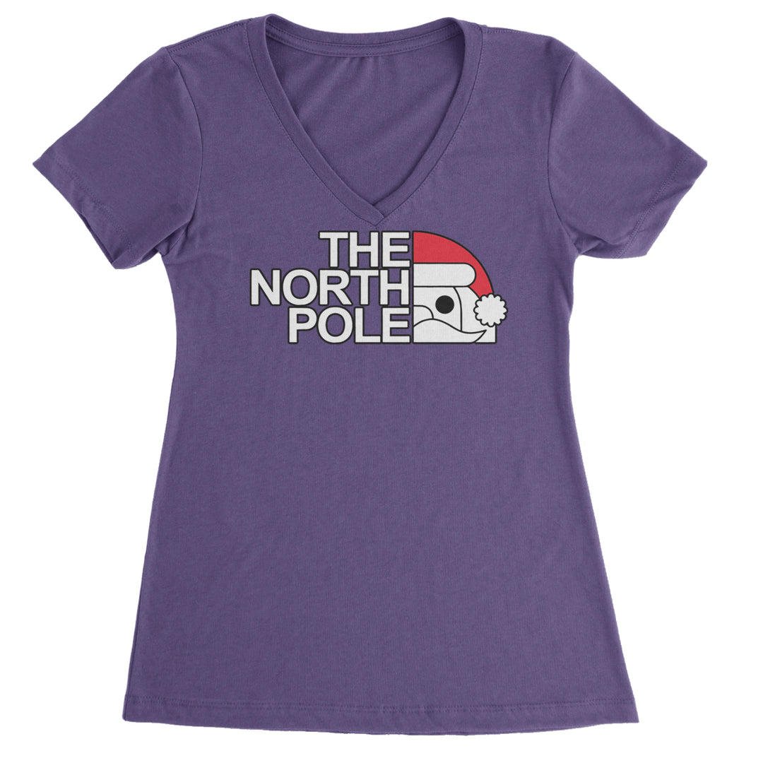 The North Pole Santa Face Ladies V-Neck T-shirt Purple