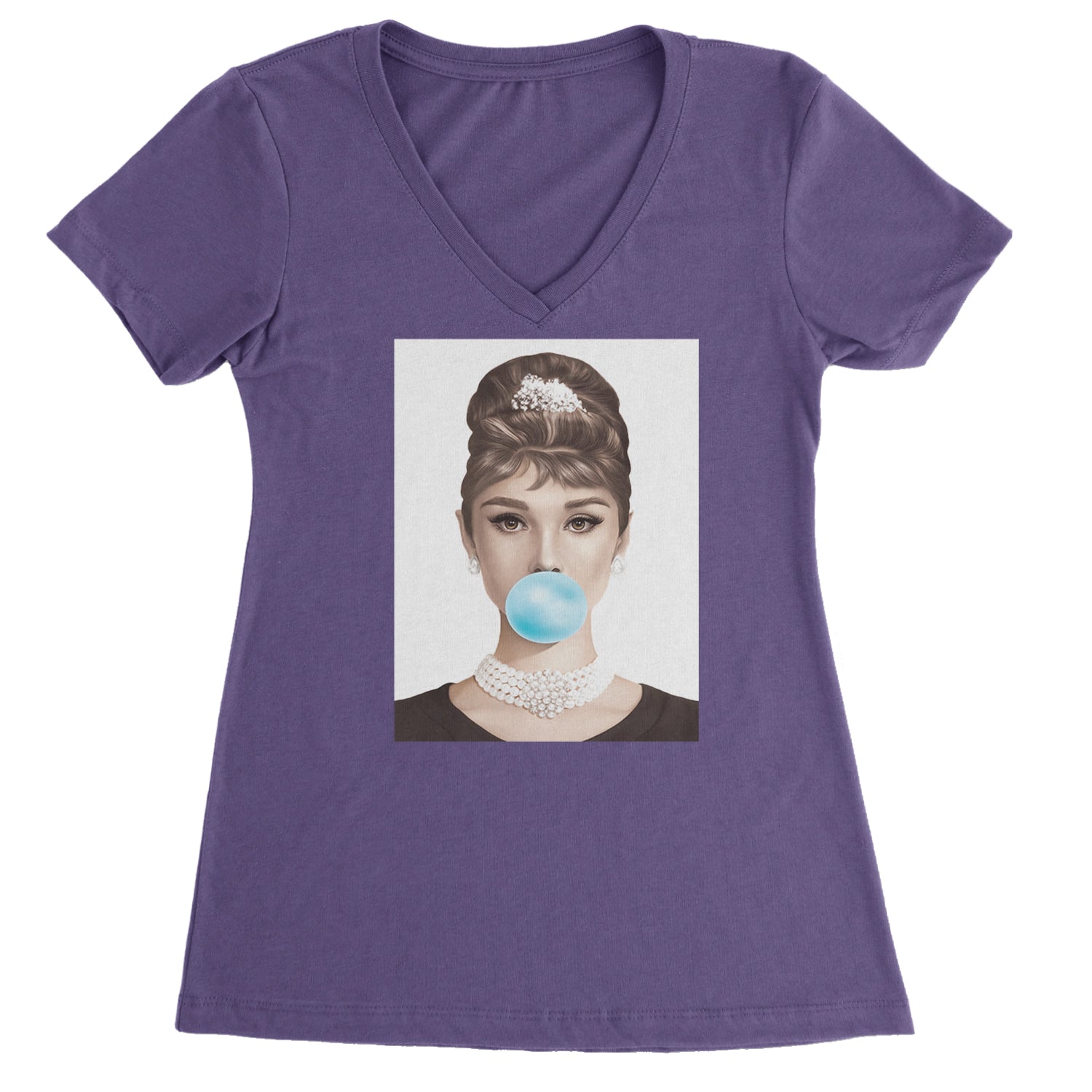 Audrey Hepburn Chewing Bubble Gum American Icon Ladies V-Neck T-shirt Purple