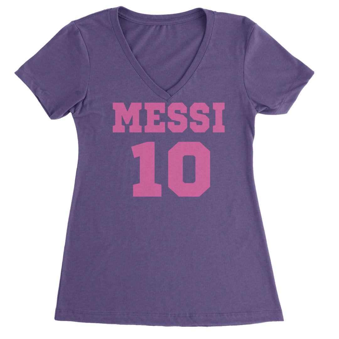 Messi World Soccer Futbol Messiami Ladies V-Neck T-shirt Purple