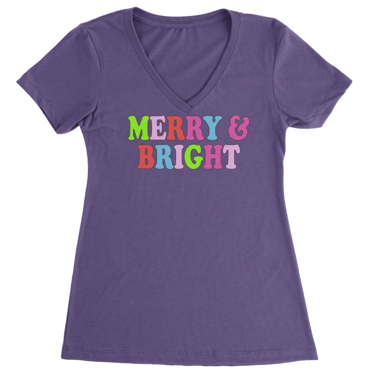 Merry and Bright Festive Christmas Holiday Ladies V-Neck T-shirt Purple