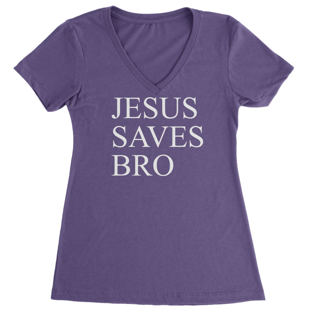 Jesus Saves Bro  Ladies V-Neck T-shirt Purple