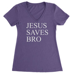 Jesus Saves Bro  Ladies V-Neck T-shirt Purple