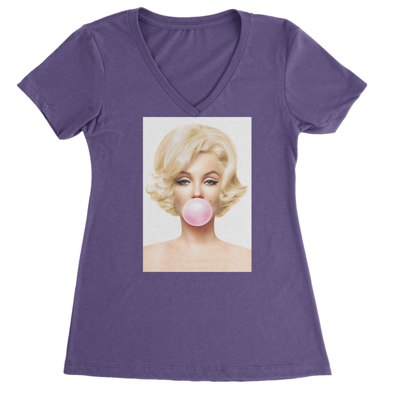 Ms. Monroe Pink Bubble Gum American Icon Ladies V-Neck T-shirt Purple