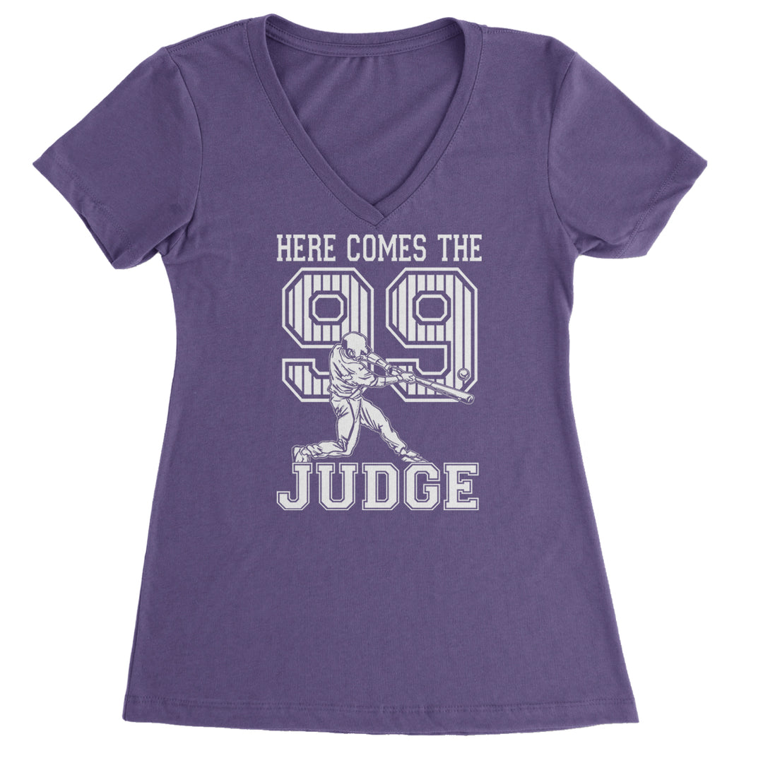 Here Comes The Judge 99 NY Baseball  Ladies V-Neck T-shirt Purple