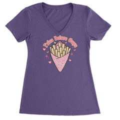 Fries Before Guys Ladies V-Neck T-shirt Purple