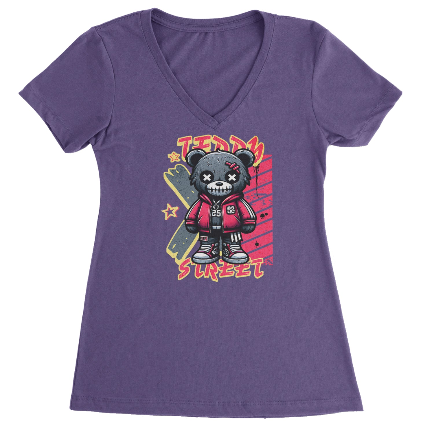 Teddy Attitude Urban Graffiti Bear Ladies V-Neck T-shirt Purple