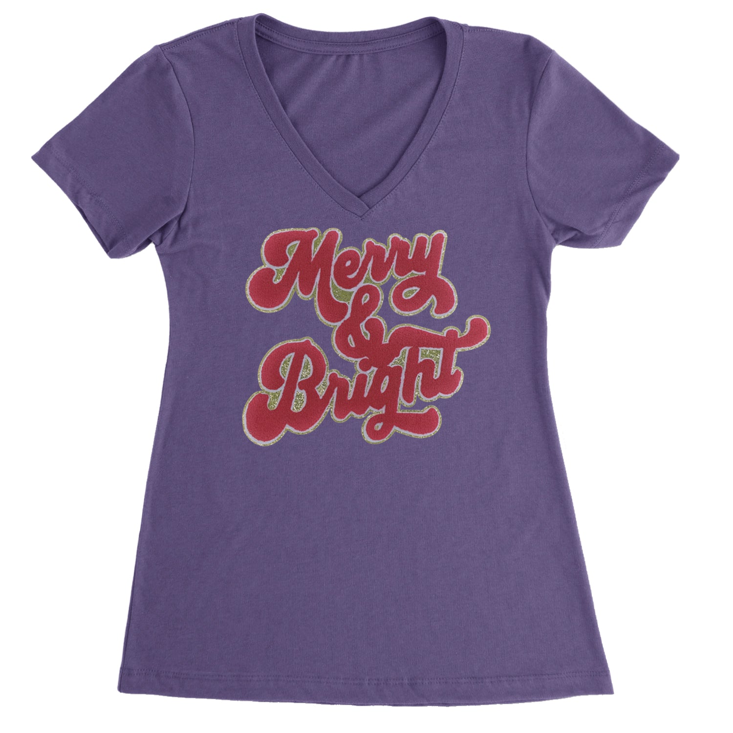 Merry & Bright Chenille Glitter Ladies V-Neck T-shirt Purple