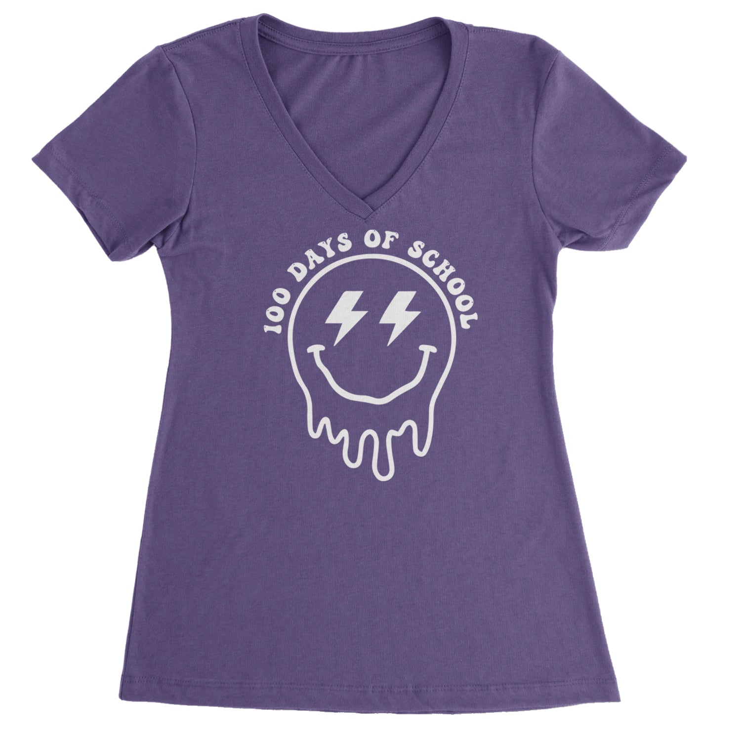 Melting Smile Face 100 Days Of School Ladies V-Neck T-shirt Purple