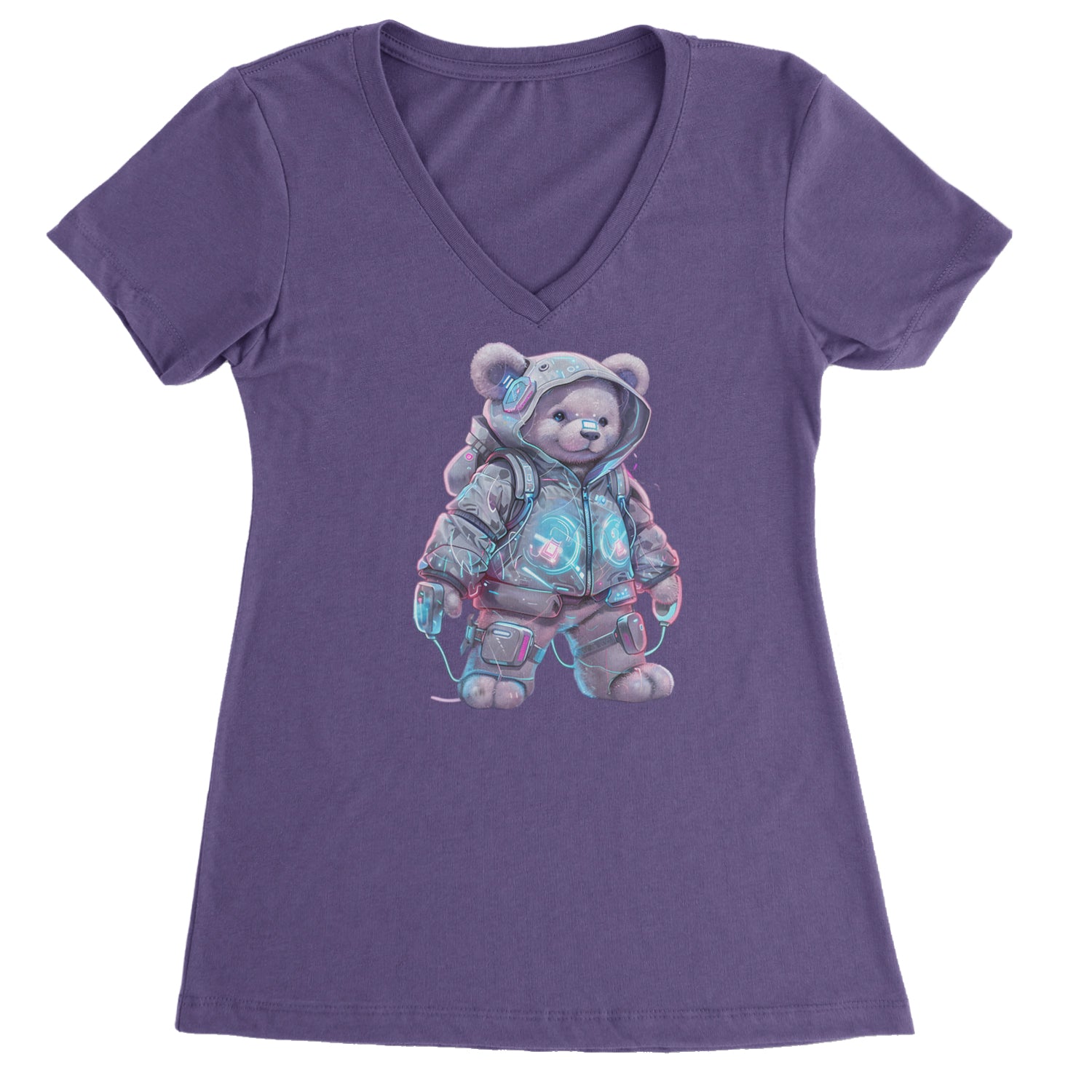 Cyberpunk Adventure Urban Graffiti Bear Ladies V-Neck T-shirt Purple