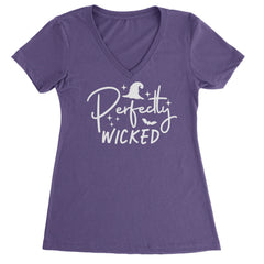 Perfectly Wicked Witchy Halloween Ladies V-Neck T-shirt Purple