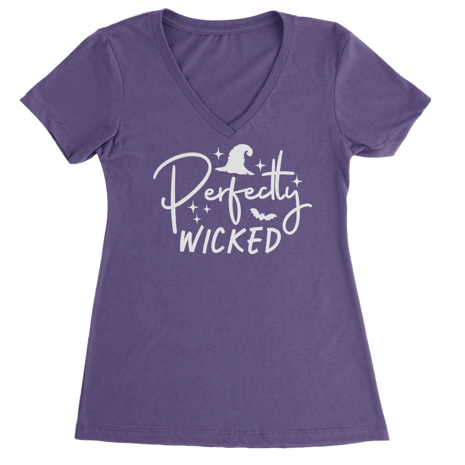 Perfectly Wicked Witchy Halloween Ladies V-Neck T-shirt Purple