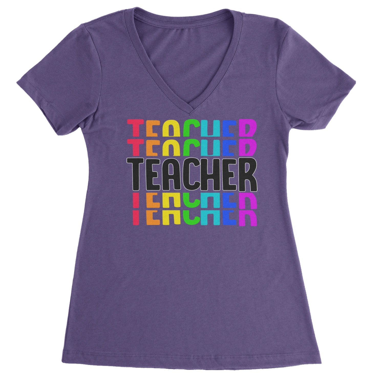 Teacher Repeated Rainbow Pattern Ladies V-Neck T-shirt Purple